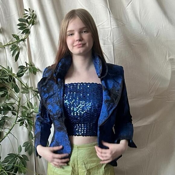 Blue & Black Ruffle Collar Blazer - Picture 10 of 16